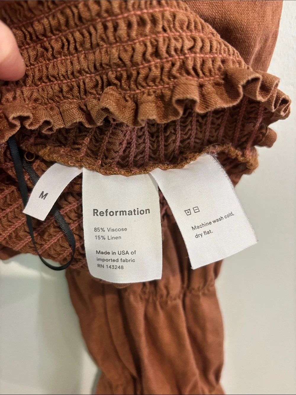 Reformation Darby Smocked Top Cafe Brown Medium M Milkmaid Puff Sleeve Cropped